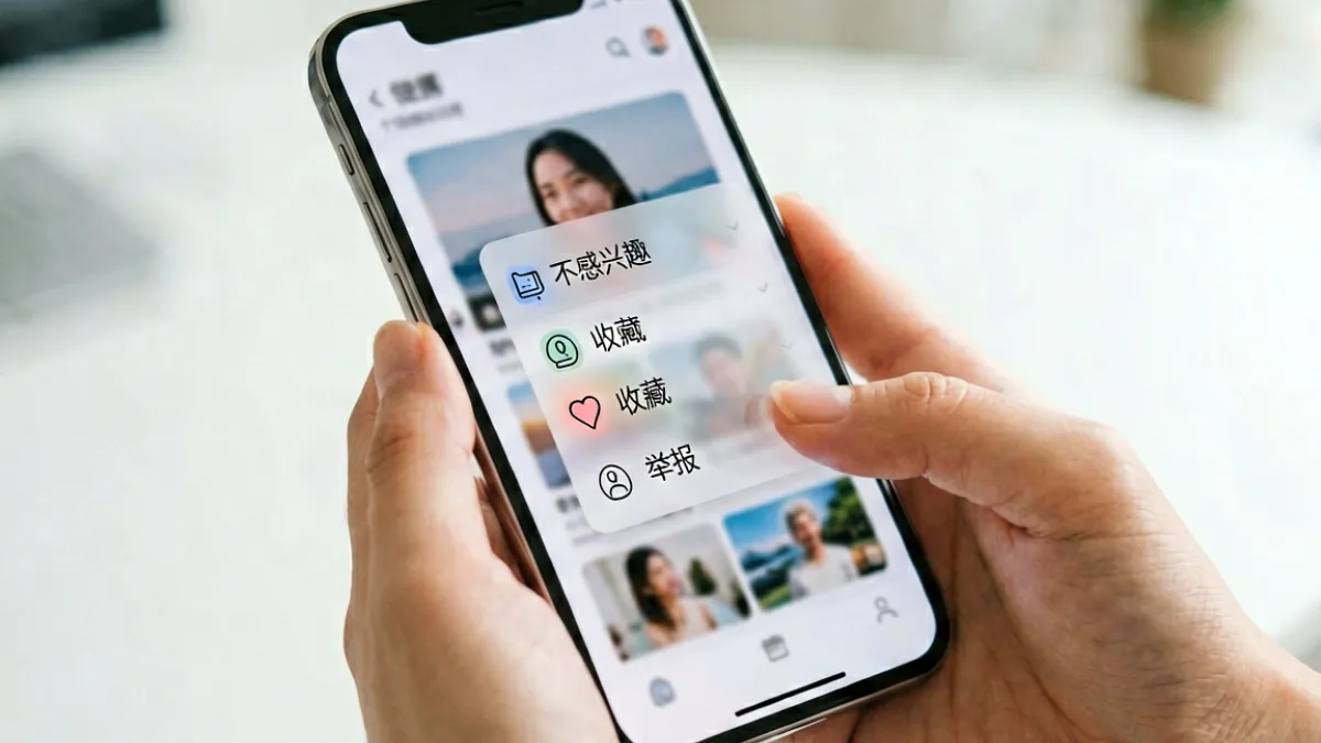用户在手机浏览器中使用糖心网页版，长按内容卡片弹出不感兴趣等操作菜单